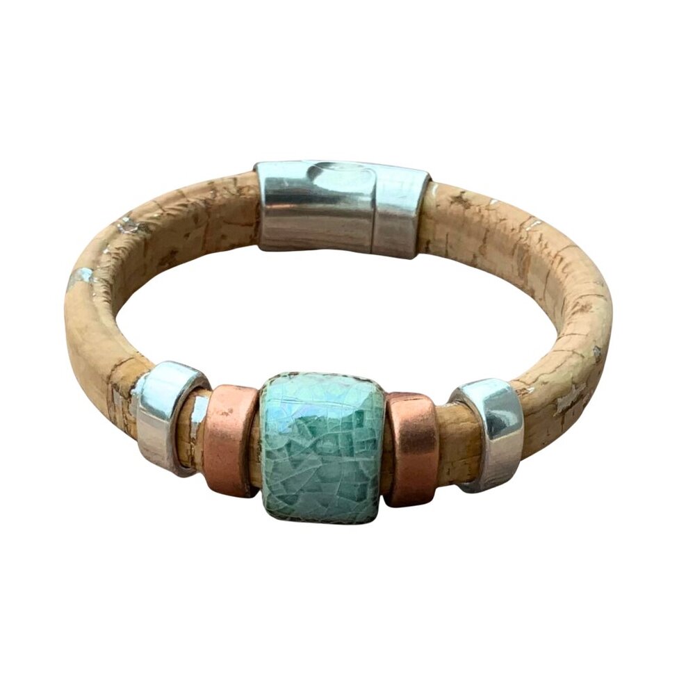 Surf and Sand Cork on Leather Mixed Metals Ceramic Bracelet